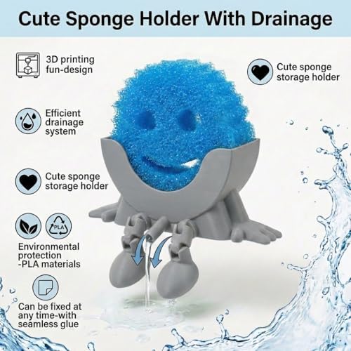Creative Drainage Sponge Holder: Traceless Glue, 3D Printed Funny Kitchen Sink Holder, Keeps Sponge Dry – for Scrub Daddy (1, Grey) - Image 2