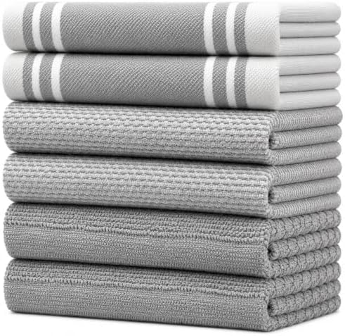 Premium Kitchen Towels 6 Pack 100% Cotton 20"x28" Dish Towels - Grey Wide by BumbleTowels