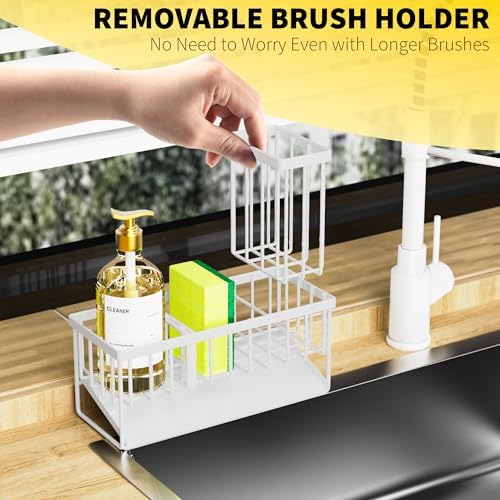 Cisily Sink Caddy Sponge Holder - Stainless Steel Rustproof, High Brush Holder, Dish Sponge Organizer with Divider (White) - Image 3