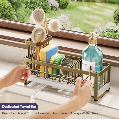 SWTYMIKI Sponge Holder for Kitchen Sink - Sink Caddy with Brush Holder Self-draining Sponge Caddy Organizer with Divider Stainless Steel Kitchen Accessories Storage for Countertop, Dark Gold - Image 5