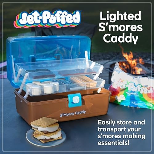 Nostalgia Jet-Puffed Lighted S’mores Caddy, Essential Marshmallow Roasting and S’mores Making Supplies for Camping, Vacation, and Backyard Bonfires, Carry Handle, Retractable Trays, and Carry Handle - Image 2