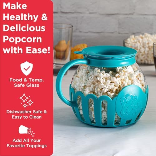 Ecolution Patented Micro-Pop Microwave Popcorn Popper with Temperature Safe Glass, 3-in-1 Lid Measures Kernels and Melts Butter, Made Without BPA, Dishwasher Safe, 3-Quart, Teal - Image 2
