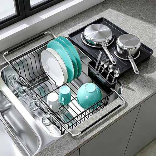 JASIWAY Black Dish Drying Rack in Sink with Drainboard and Utensil Holder by JASIWAY