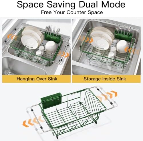 JASIWAY Green Dish Drying Rack in Sink, Dish Drainer with Utensil Holder - Image 2