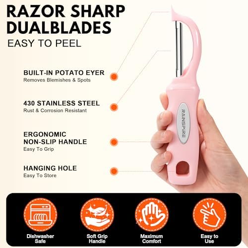 Rainspire Vegetable Peeler Potato Peelers for Kitchen, Sharp Stainless Steel Blades Veggie, Comfortable Handle Fruit Peeler, Carrot Peeler Apple Peeler Dishwasher Safe (2, Pink) - Image 5