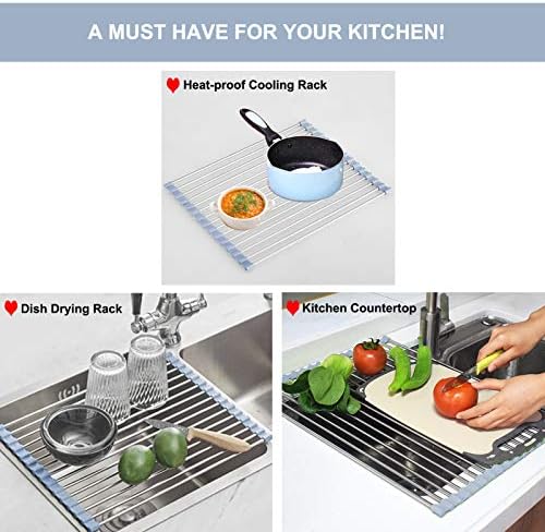 MECHEER Over The Sink Dish Drying Rack, Roll Up Dish Drying Rack Kitchen Dishes Rack Stainless Steel Sink Drying Racks, Foldable Dishes Drainer, Gray (17.5''x15.7'') - Image 3
