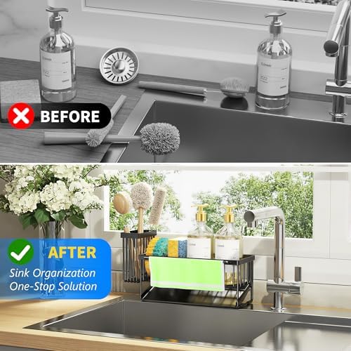Cisily Kitchen Sink Caddy Organizer with High Brush Holder, Sponge Holder for Sink, 304 Rustproof Stainless Steel, Countertop Soap Dispenser Organizer, Black with Towel Rack, 9.25 - Image 5