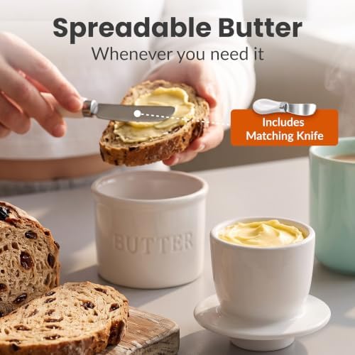 Priority Chef Butter Crock with Lid for Countertop with Spreader Knife and Water Line, Soft Spreadable Butter, Ceramic French Butter Dish with Lid, White - Image 2