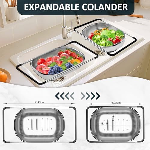 Over the Sink Colander - Strainers and Colanders - Sink Strainer Basket - Expandable Fine Mesh Strainer with Rubber Grip for Veggie, Fruits, Pasta, Home Kitchen Essentials (9.5W x 13.4-21.3L x 3.3H) - Image 6