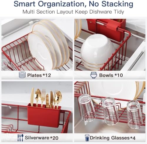 JASIWAY Red Dish Drying Rack in Sink, Dish Drainer with Utensil Holder - Image 7