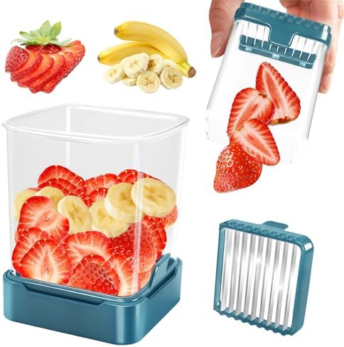 Fruit Slicer Cup for Strawberry, Banana, Hard-Boiled Egg - Detachable Cutter with Push Plate - 304 Stainless Steel Blade - Rapid & Safe Slicing Kitchen Gadget for Quick Meal Prep (Blackish green) by GENGCANG