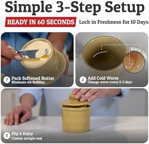Priority Chef Butter Crock with Lid for Countertop with Spreader Knife and Water Line, Soft Spreadable Butter, Ceramic French Butter Dish with Lid, Khaki - Image 3