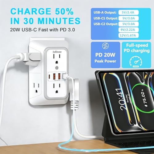 JcBlaon Multi Plug Outlet Surge Protector, Wall Charger with 6 Outlet Splitter with 4 USB Ports(PD 20W), 3-Sided 1050J Surge Protector Power Strip for Home Office Dorm Room Essentials-ETL - Image 3