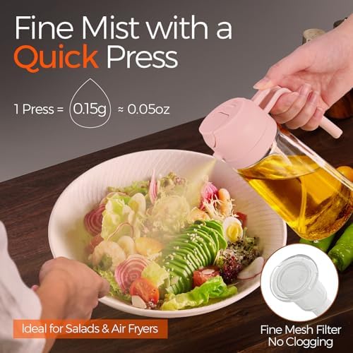 YARRAMATE 16oz/470ml Glass Olive Oil Sprayer for Cooking with Stickers, 2 in 1 Oil Dispenser for Kitchen Gadgets, Food Grade Premium Spray Bottle for Salad, Frying, BBQ (PeachPink) - Image 3