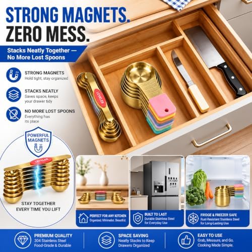 Magnetic Measuring Cups & Spoons Set, Strong N45 Magnets, Heavy Duty Stainless Steel Fits in Spice Jars for Baking & Cooking, BPA Free, Round Set of 15 with Leveler,Gold&Colorful - Image 5