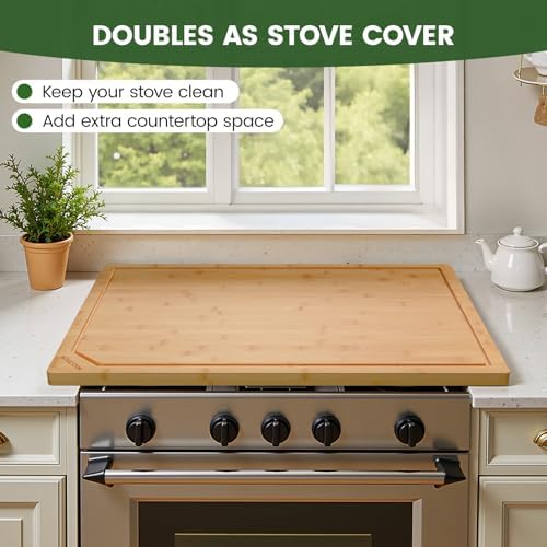 Kikcoin 30”×20” Bamboo Cutting Boards for Kitchen, Heavy Duty Wooden Cutting Boards, Healthy Extra Large Chopping Boards with Deep Juice Groove and Handle, Oversized Stove Top Cover, Natural - Image 3