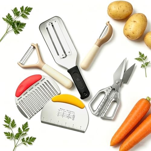 6-Piece Kitchen Utensil Set - Includes Cabbage Shredder, Crinkle Cutter, Dough Scraper, 2 Peelers, and Stainless Steel Kitchen Shears - Ideal Food Prep & Baking Tools (6 PCS-B) by Unknown