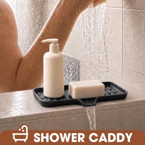CAKETIME 2 Pack Silicone Soap Dish with Drain Spout for Bathroom Shower Caddy Kitchen Counter Sponge Holder Bar Sink Organizer Gadgets Gears Items Self Draining Jabonera Stuff Black Medium - Image 2