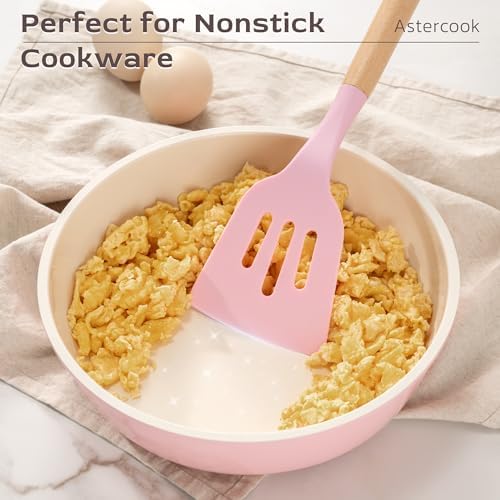 Astercook Kitchen Utensils set, 39 PCS Silicone Cooking Utensils Set with Wooden Handle, 446°F Heat Resistant Food Grade Utensil Sets, BPA Free Kitchen Gadgets Tools Set for Nonstick Cookware (Pink) - Image 3