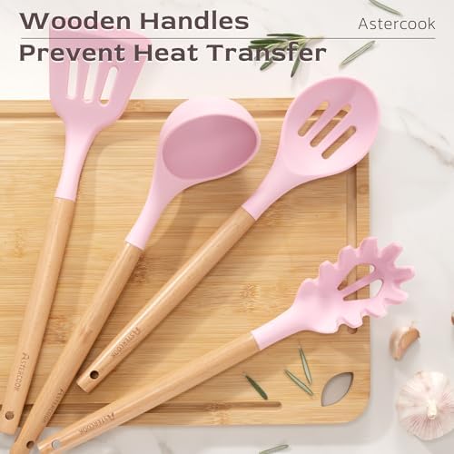 Astercook Kitchen Utensils set, 39 PCS Silicone Cooking Utensils Set with Wooden Handle, 446°F Heat Resistant Food Grade Utensil Sets, BPA Free Kitchen Gadgets Tools Set for Nonstick Cookware (Pink) - Image 4