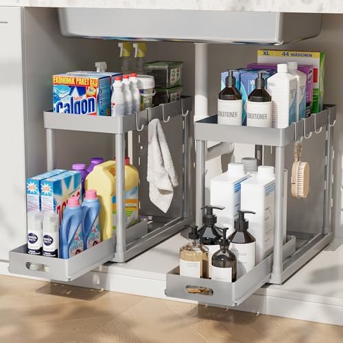 2 Pack Pull-Out Storage Organizers, Under Sink Organizer and Storage for Bathroom & Kitchen,Multi-Purpose Under Cabinet Organizers and storage Black by Pougny