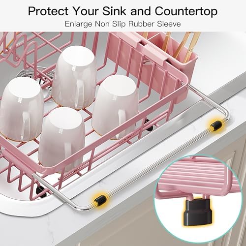 JASIWAY Pink Dish Drying Rack Over the Sink with Utensil Holder - Image 7