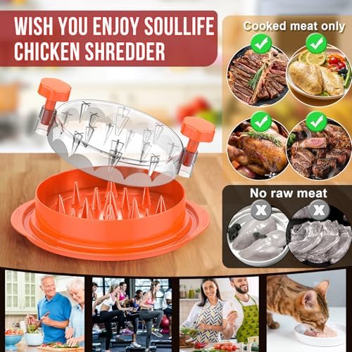 SoulLife Chicken Shredder Tool Twist 8 Inches, BPA free, Dishwasher safe, Meat Shredder, with Clear Lid, Ergonomic Handle, Strong Anti-slip, Easy To Clean, Suitable for Pork Beef Chicken (Orange) - Image 5