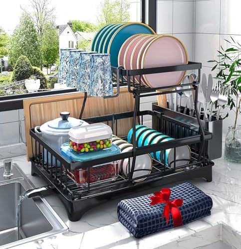 Godboat 2-Tier Dish Drying Rack - Dish Rack with Auto Drain-to-Sink & Mat by Godboat
