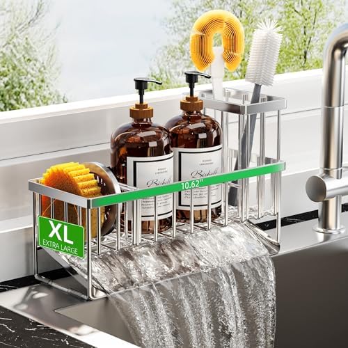 Cisily Extra Large Silver Kitchen Sink Caddy Organzier with High Brush Holder, Sponge Holder for Sink, 304 Rustproof Stainless, Kitchen Countertop Soap Dispenser Organizer For Decor and Accessories by CISILYHOMELIFE