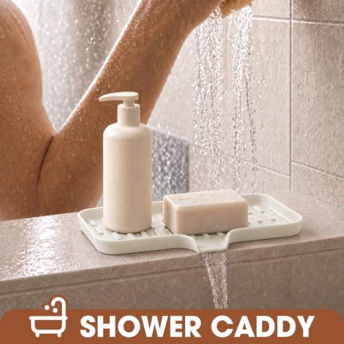 CAKETIME 2 Pack Silicone Soap Dish with Drain Spout for Bathroom Shower Caddy Kitchen Counter in-Sink Sponge Holder Dispenser Countertop Accessories Home Practical Daily Household Stuff Beige Large - Image 3