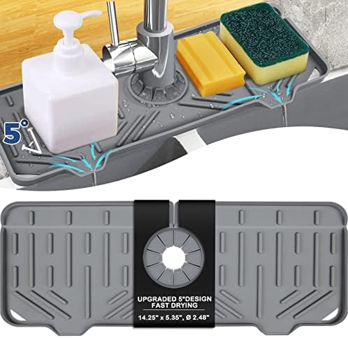 BFONS Silicone Faucet Handle Drip Catcher Drying Tray Mat Dish Soap Sponge Holder Accessories Gadgets for Kitchen Counter Bathroom Kitchen Sink Splash Guard -Grey by BFONS