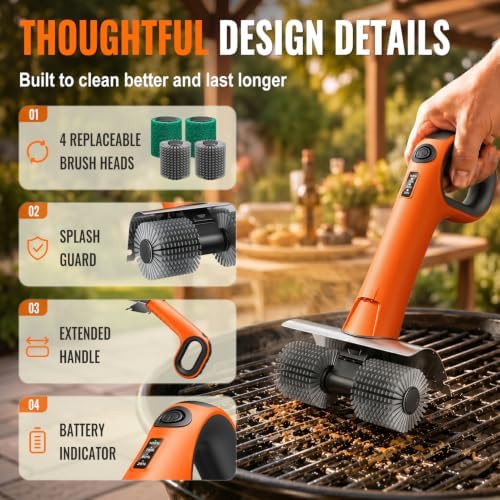 Electric Grill Brush - Dual Rotating Heads Cordless BBQ Grill Cleaner, 450 RPM Motorized Power Grill Cleaning Brush with LED Light, 6-Piece Replaceable Brush Set Safe for Most Outdoor Grill Grates - Image 6