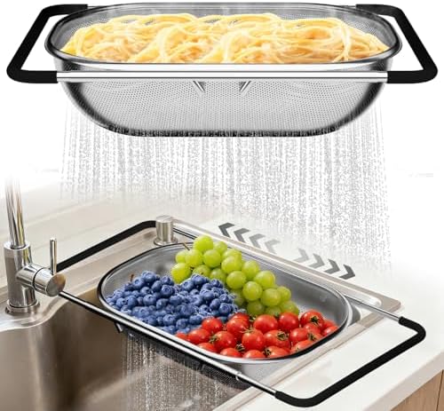 Over the Sink Colander - Strainers and Colanders - Sink Strainer Basket - Expandable Fine Mesh Strainer with Rubber Grip for Veggie, Fruits, Pasta, Home Kitchen Essentials (9.5W x 13.4-21.3L x 3.3H) by Balavina
