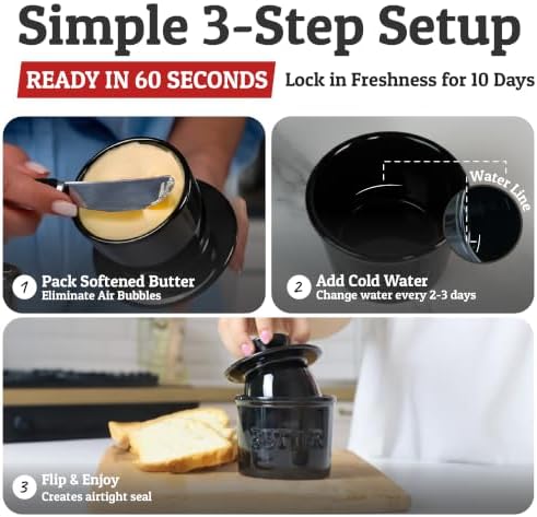 Priority Chef Large Butter Crock with Lid with Water Line, Ceramic French Butter Dish to Leave On Counter, Black - Image 3