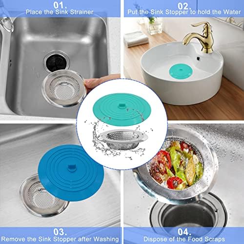 V-TOP Kitchen Drain Strainer Stopper 4 Pack, Universal 6 Inch Silicone Plug Anti-Clogging Stopper Cover, 4.5 Inch Stainless Steel Basket Strainer Food and Hair Catcher - Image 5