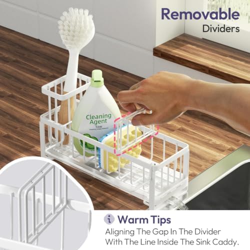 SWTYMIKI Sponge Holder for Kitchen Sink - Sink Caddy with Brush Holder Self-draining Sponge Caddy Organizer with Divider Stainless Steel Kitchen Accessories Storage for Countertop, White - Image 4