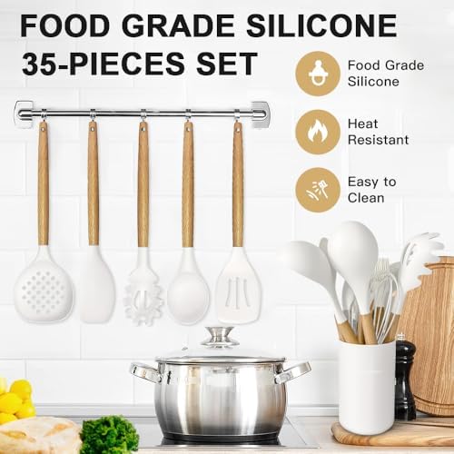 Cooking Utensils Set- 35 PCs Kitchen Utensils with Grater,Tongs, Spoon Spatula &Turner Made of Heat Resistant Food Grade Silicone and Wooden Handles Kitchen Gadgets Tools Set for Cookware - Image 3