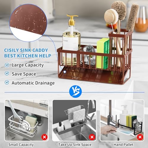 Cisily Kitchen Sink Caddy, Sponge Holder for Kitchen Sink, Kitchen Sink Organzier and Storage with High Brush Holder, Rustproof 304 Stainless Gadgets Sink Accessories(Brown) - Image 2