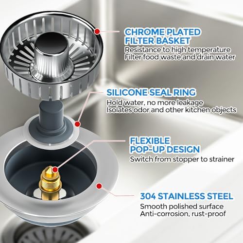 zaa Kitchen Sink Drain Strainer - Kitchen Sink Stopper, 304 Stainless Steel Sink Drain Stopper, Sink Protector for Kitchen with Anti-Clog Filter, Fit US Standard 3-1/2'' Sink Drain Hole, Gray - Image 6