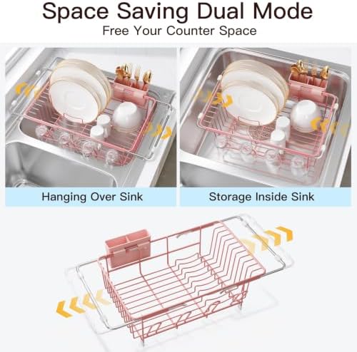 JASIWAY Pink Dish Drying Rack in Sink, Dish Drainer with Utensil Holder - Image 2