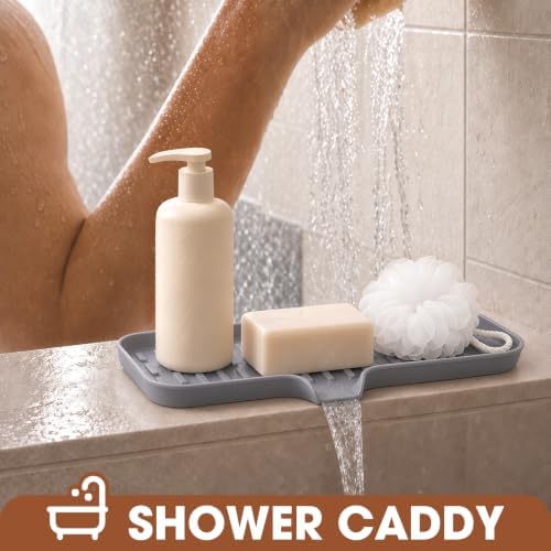 CAKETIME 2 Pack Silicone Soap Dish with Drain Spout for Bathroom Shower Caddy Kitchen Counter Bar Sponge Holder Drying Rack Sink Organizer Apartment Home Household Necessities Light Gray Large - Image 3
