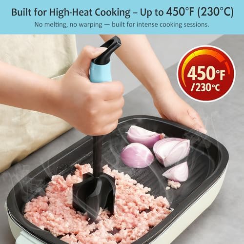 Ourokhome Meat Chopper and Potato Masher, Heat Resistant Nylon Ground Beef Smasher for Hamburger, 5 Curved Blades Nonstick Safe Mixer & Stirrer Practical Kitchen Gadgets, Teal - Image 3