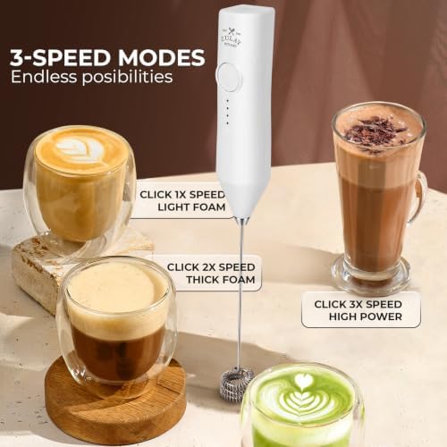 Zulay Kitchen Rechargeable Milk Frother Handheld - Frother Wand, Drink Mixer, Electric Whisk Frother, for Cappuccinos, Matcha & Protein Powder - Dynamic Triple Whisk, 3 Speed 500mAh White - Image 5