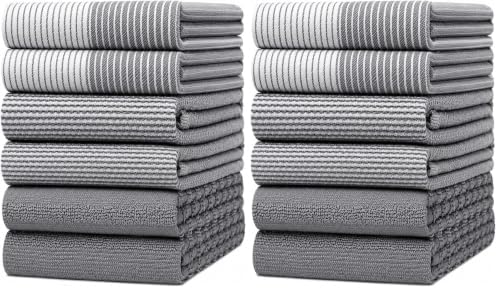 Premium Kitchen Towels (20”x 28”, 12 Pack) | Large Cotton Dish Towels | Flat & Terry Highly Absorbent Kitchen Linen Set with Hanging Loop | Gray by BumbleTowels