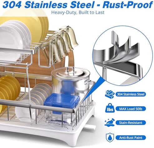Godboat 2-Tier Dish Drying Rack - 304 Stainless Steel Dish Rack Auto Drain - Image 2