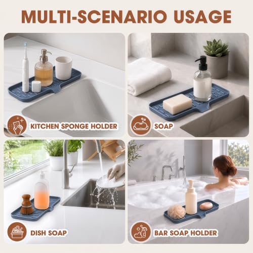 CAKETIME 2 Pack Silicone Soap Dish with Drain Spout for Bathroom Shower Caddy Kitchen Counter Sponge Holder Bar Sink Organizer Tray Container Drying Accessories Small Case Saver Box Stuff Blue Large - Image 6