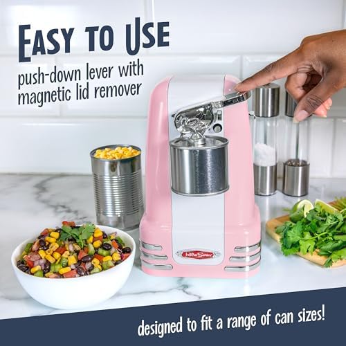 Nostalgia Retro Electric Can Opener for Kitchen with Magnetic Lid Remover, Knife Sharpener, and Soda or Beer Bottle Opener, Pink - Image 3