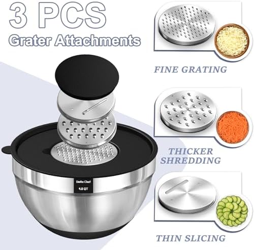 Umite Chef Mixing Bowls with Airtight Lids Set, 8PCS Stainless Steel Nesting Bowls Set, 3 Grater Attachments & Non-Slip Bottoms, Size 5, 4, 3.5, 2, 1.5QT for Baking & Mixing(Black) - Image 3