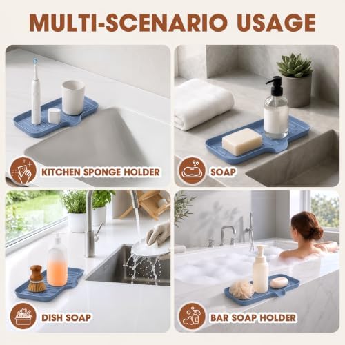 CAKETIME 2 Pack Silicone Soap Dish with Drain Spout for Bathroom Shower Caddy Kitchen Counter Sponge Holder Bar Sink Organizer Tray Container Drying Accessories Small Case Saver Box Stuff Blue Medium - Image 6