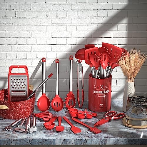 Kitchen Utensils Set- Umite Chef 34 PCs Cooking Utensils with Grater, Spoon Spatula, Heat Resistant Food Grade Silicone, Stainless Steel Handles Kitchen Gadgets Tools Set for Nonstick Cookware(Red) - Image 2